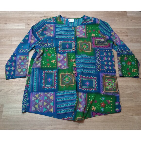 VINTAGE Maggie Sweet Blouse Top Womens 2X Button Up Floral Tapestry Long Sleeve - Picture 2 of 12